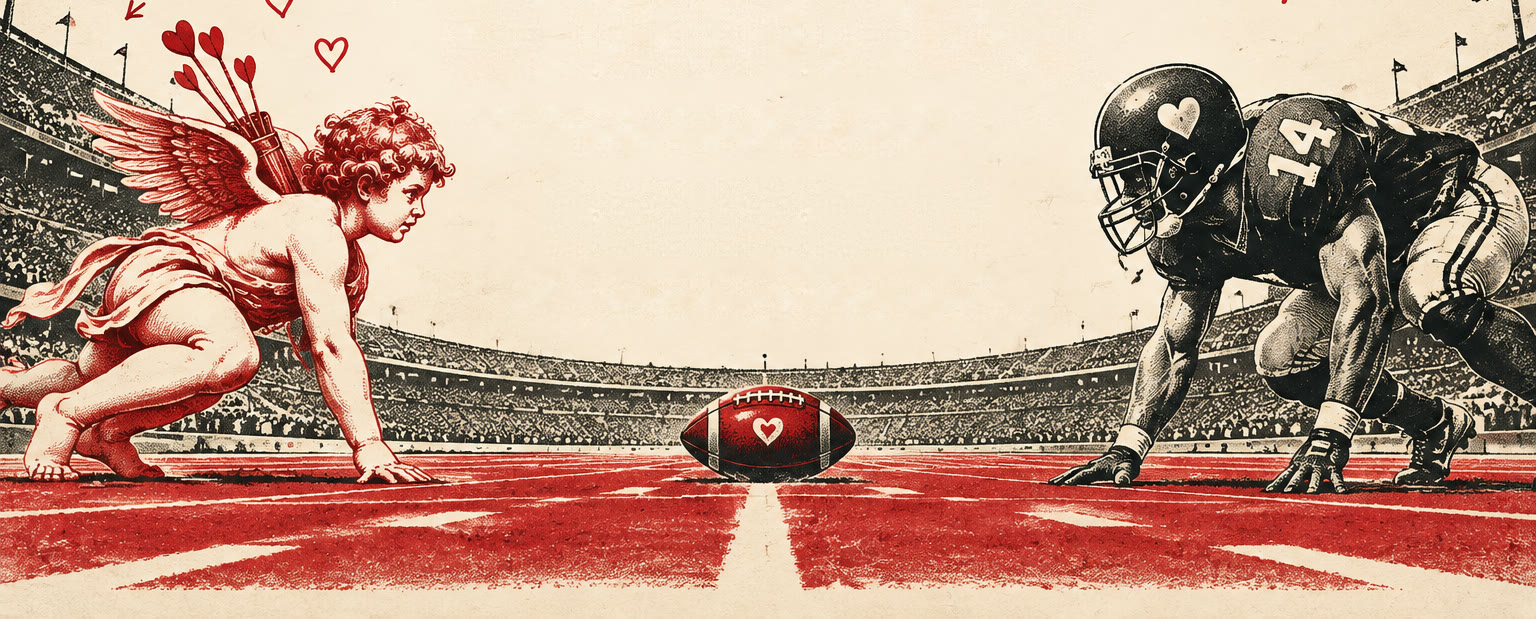 Illustration: Cupid and a football player crouch face to face at the line of scrimmage, a heart-stamped football between them, in a packed stadium.
