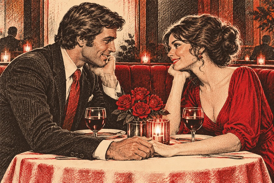 Illustration: a dressed-up couple holding hands across a candlelit table with roses and red wine.