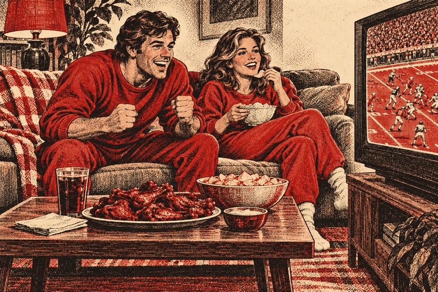 Illustration: a couple in matching red sweats cheering at the game on TV, with wings and chips on the coffee table.
